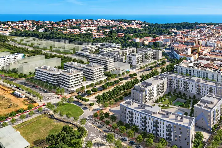 Vista aèria de la Vilanoveta amb els nous blocs d’habitatges i el mar al fons