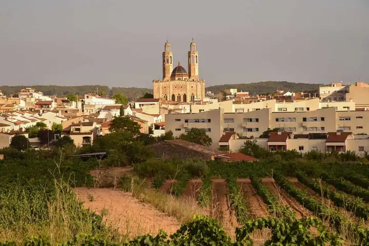 Sant Pere de Ribes con la iglesia nueva de Sant Pere entre viñedos