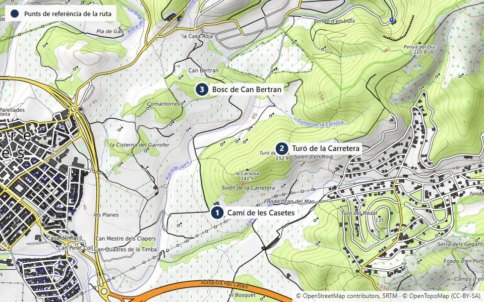 Mapa de la ruta 1: Barraca de pedra seca – Bosc de Can Bertran – Camí de les Casetes