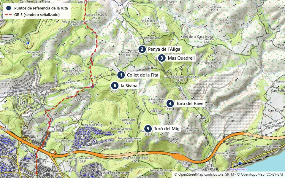 Mapa de la ruta 4: GR 5 – Penya de l’Àliga – Turó del Rave – Turó del Mig