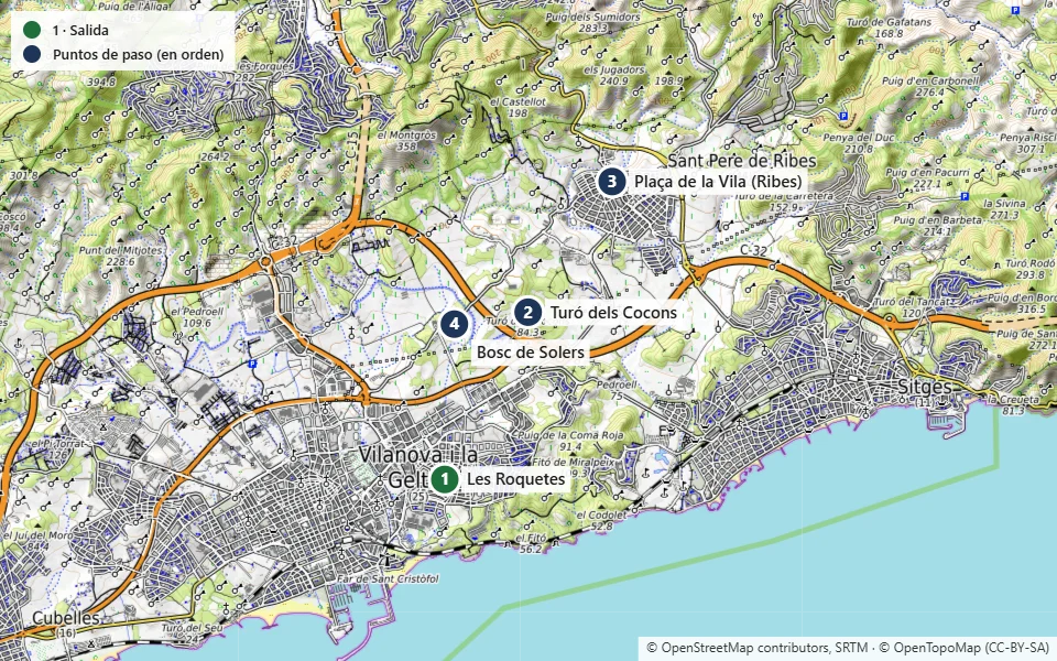 Mapa de la ruta 6: Les Roquetes – Sant Pere de Ribes – Bosc de Solers